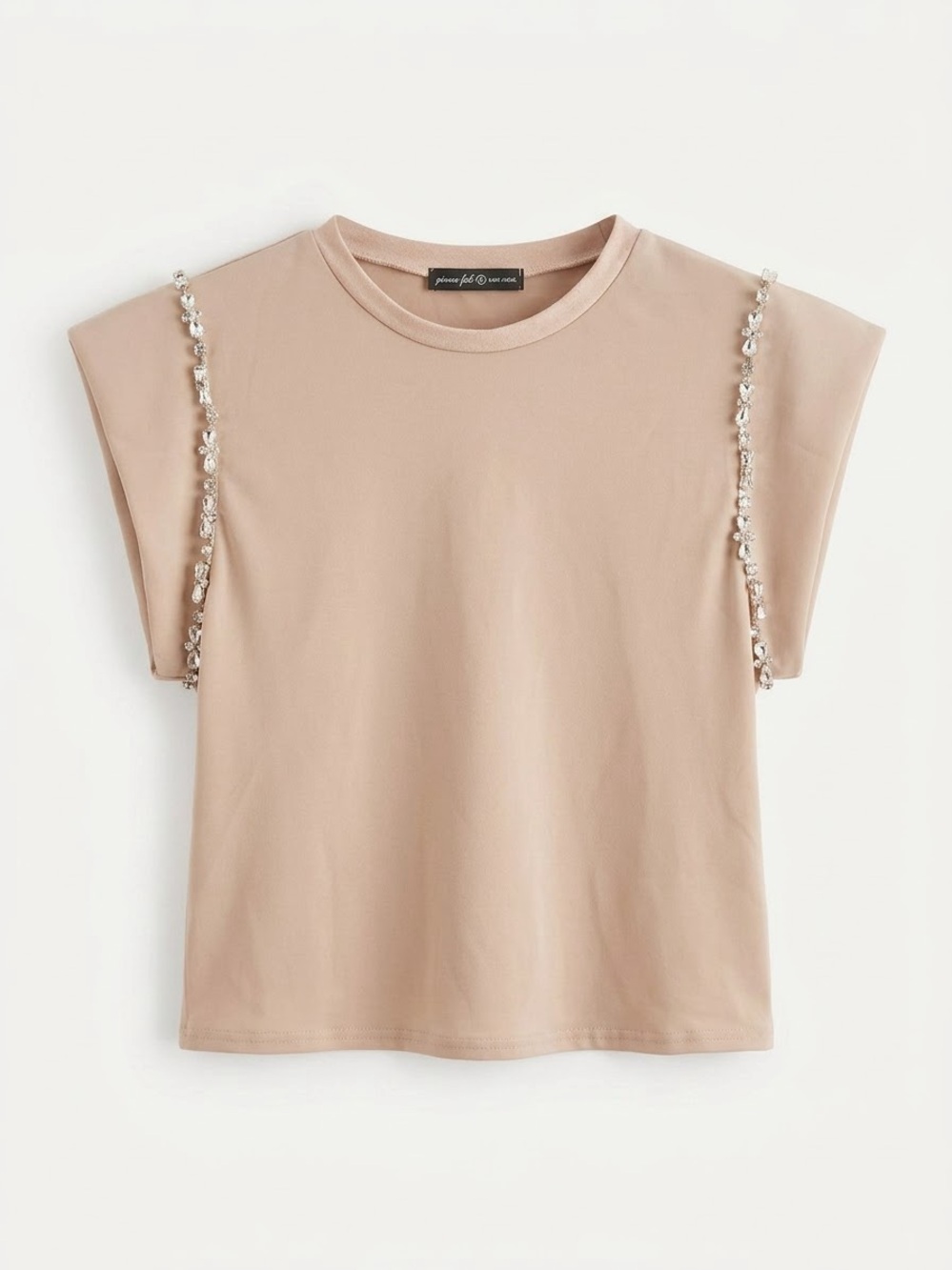 Cream Nude with Rhinestone Shoulder Top Size Small